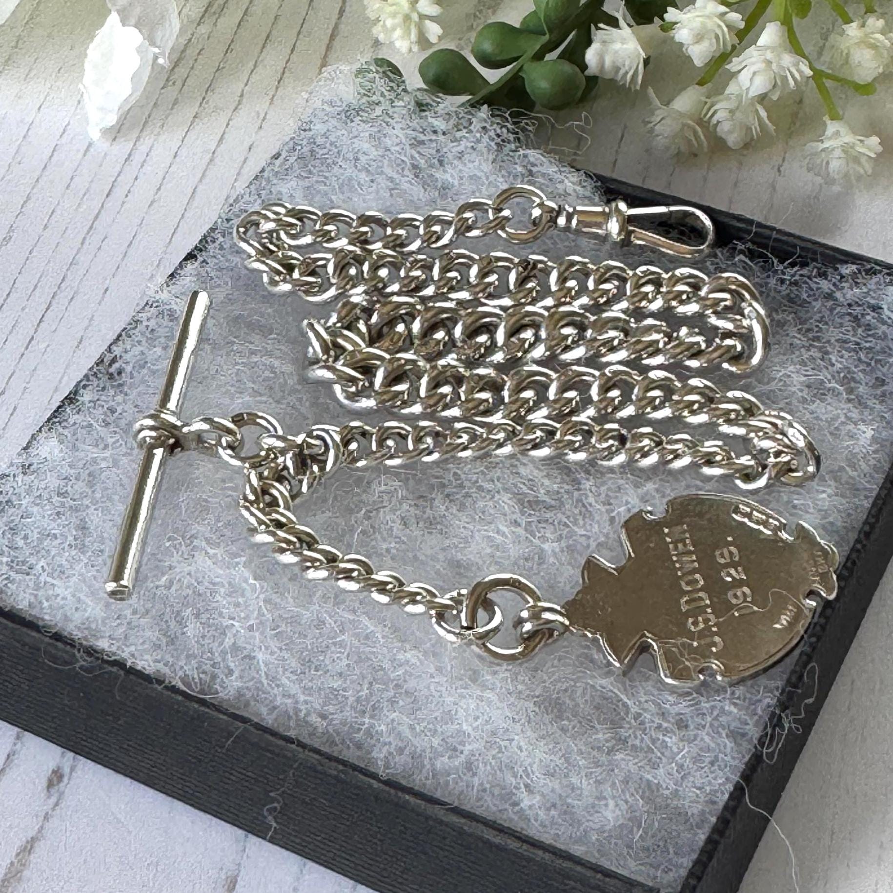 Antique Sterling Silver Albert Watch Chain, 1918, Staffordshire Schools Football Association Fob, 47.4g