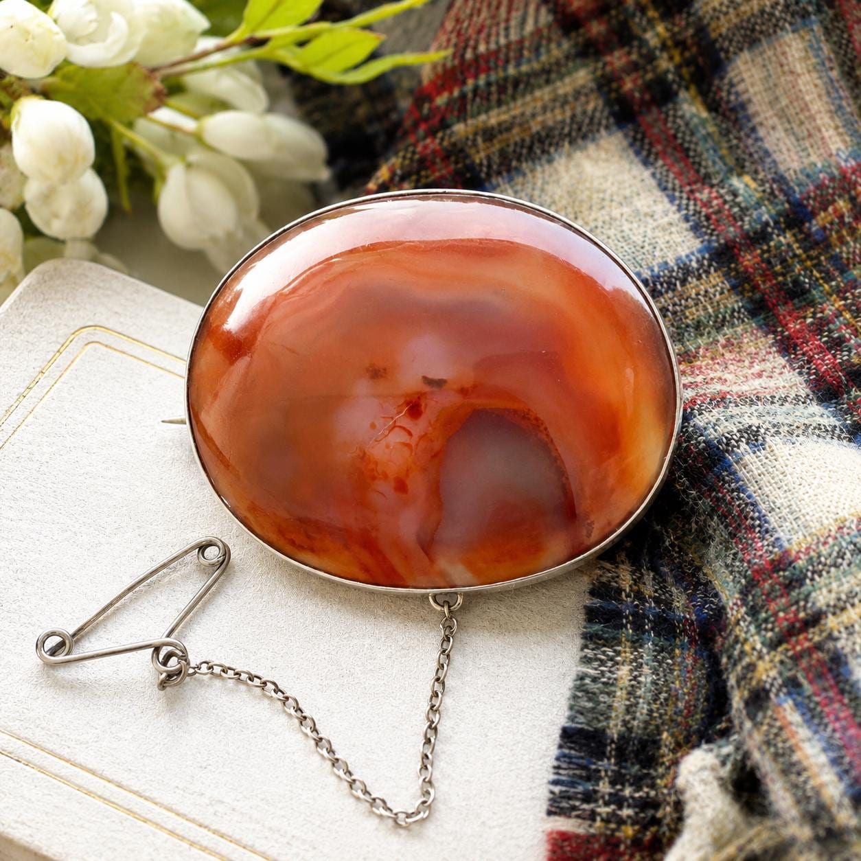 Antique Victorian Large Scottish Agate Sterling Silver Brooch