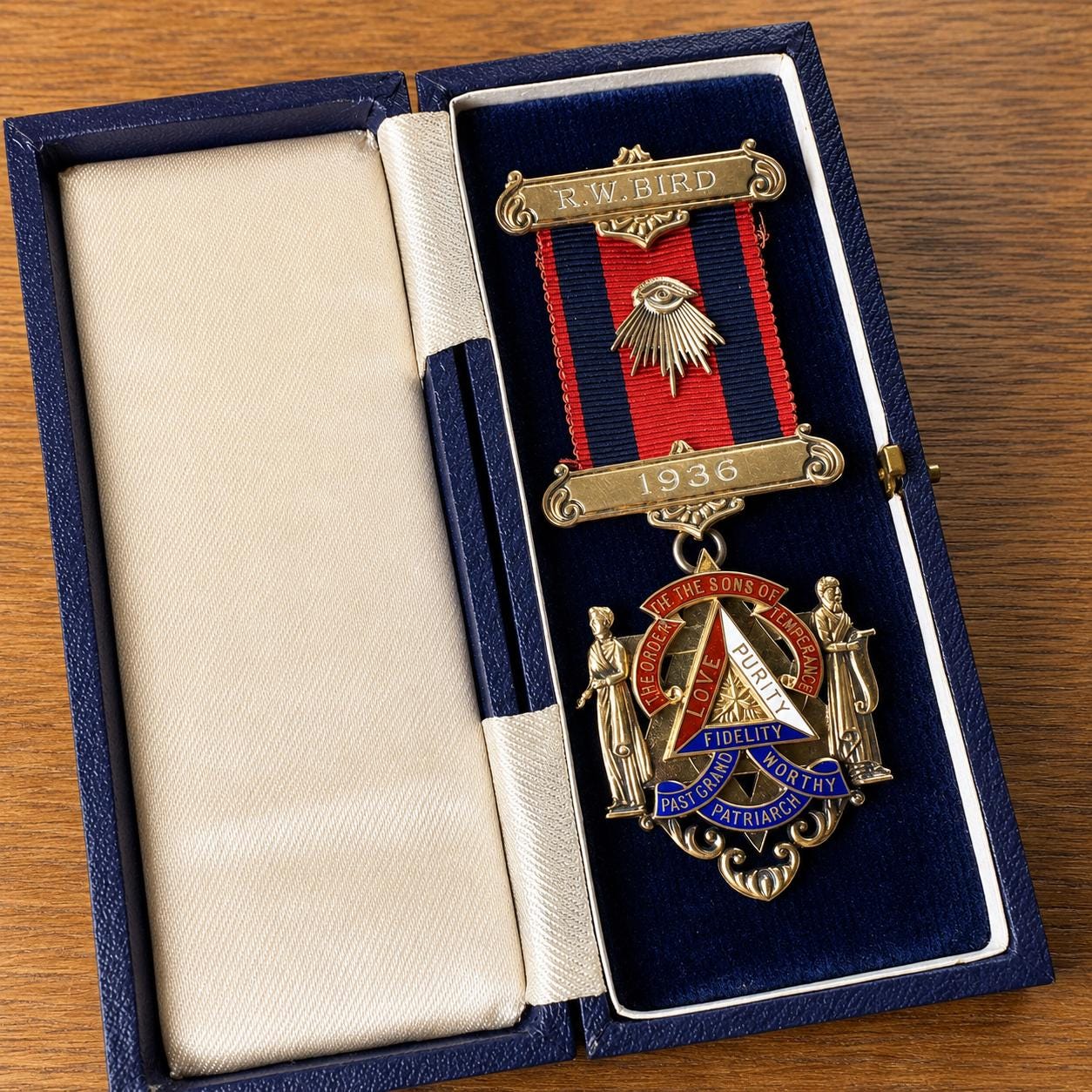 1936 Sons of Temperance Medal, Named R.W. Bird, Sterling Silver Enamel Fraternal Regalia, Boxed Past Grand Worthy Patriarch