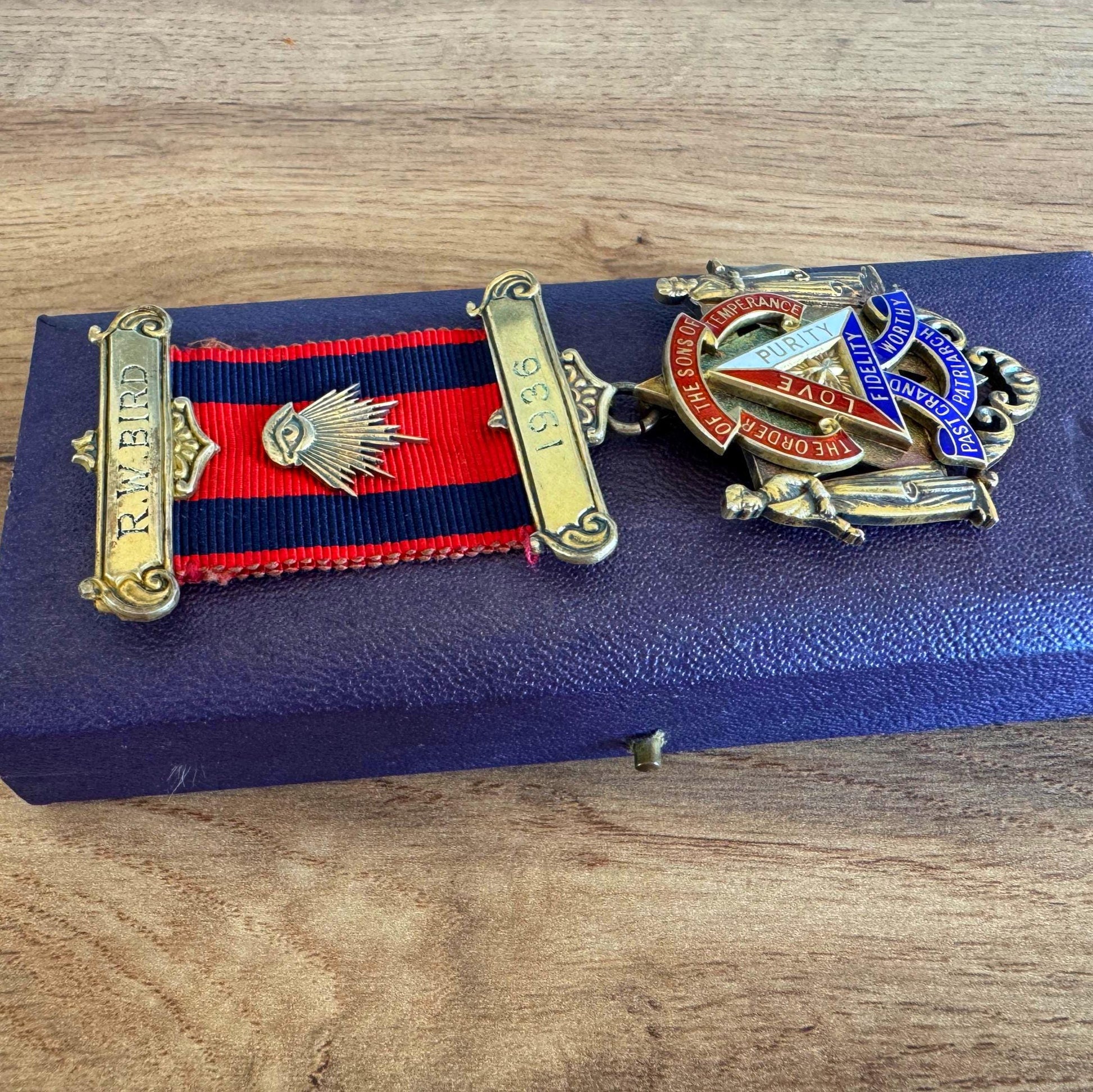 1936 Sons of Temperance Medal, Named R.W. Bird, Sterling Silver Enamel Fraternal Regalia, Boxed Past Grand Worthy Patriarch