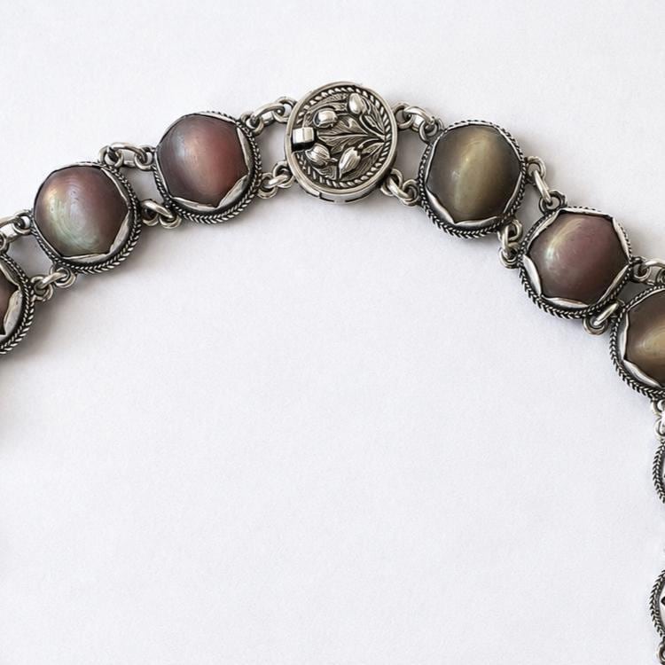 Exceptional Antique Arts and Crafts Necklace | Plum-Toned Cat's Eye Quartz Gemstones