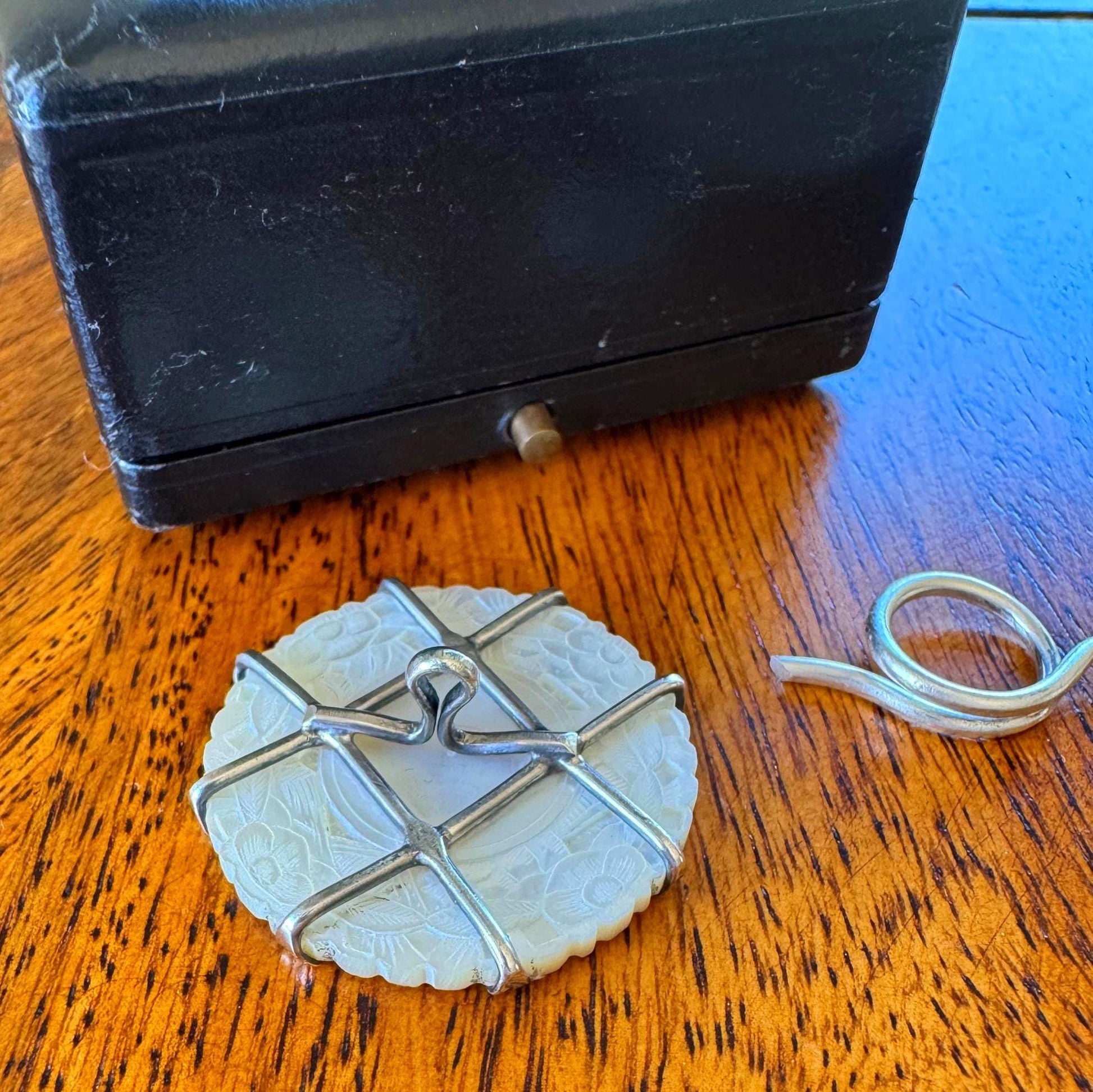 Antique Chinese Carved Mother-of-Pearl Silver Mounted Gaming Counter Stud Brooch, Cased