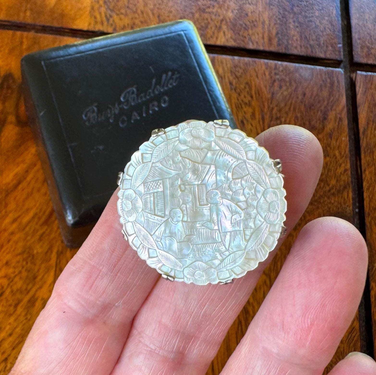 Antique Chinese Carved Mother-of-Pearl Silver Mounted Gaming Counter Stud Brooch, Cased