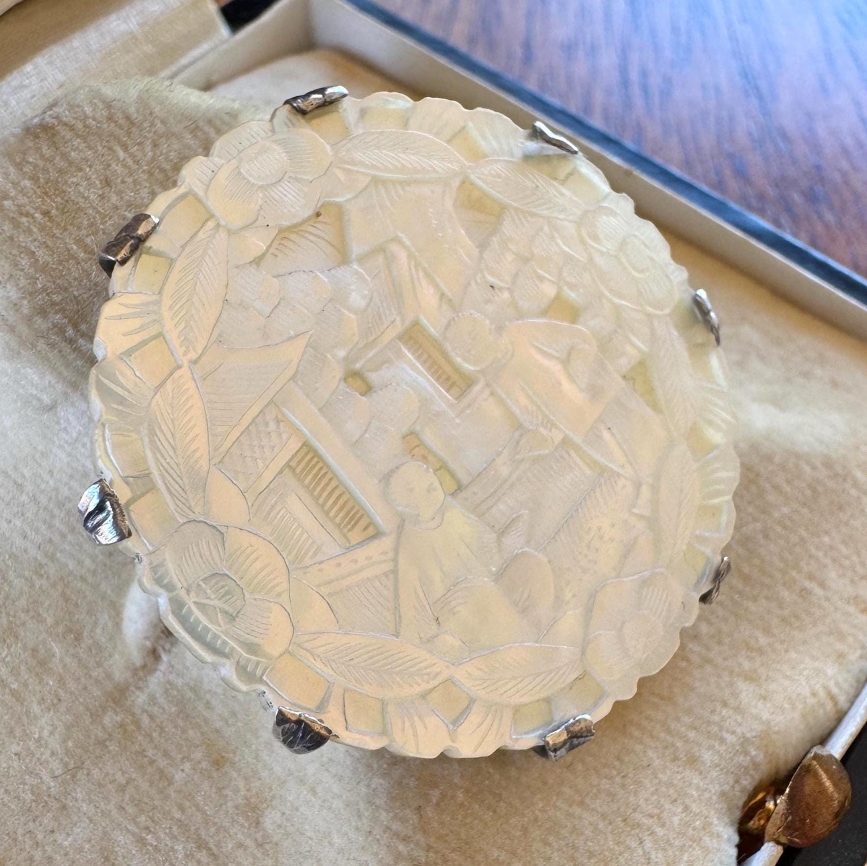 Antique Chinese Carved Mother-of-Pearl Silver Mounted Gaming Counter Stud Brooch, Cased