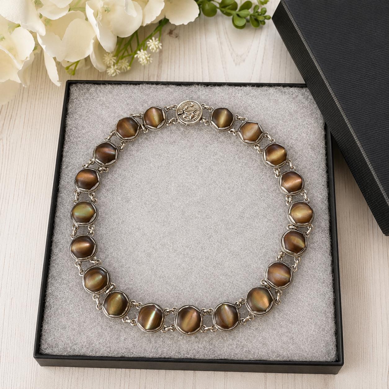 Exceptional Antique Arts and Crafts Necklace | Plum-Toned Cat's Eye Quartz Gemstones