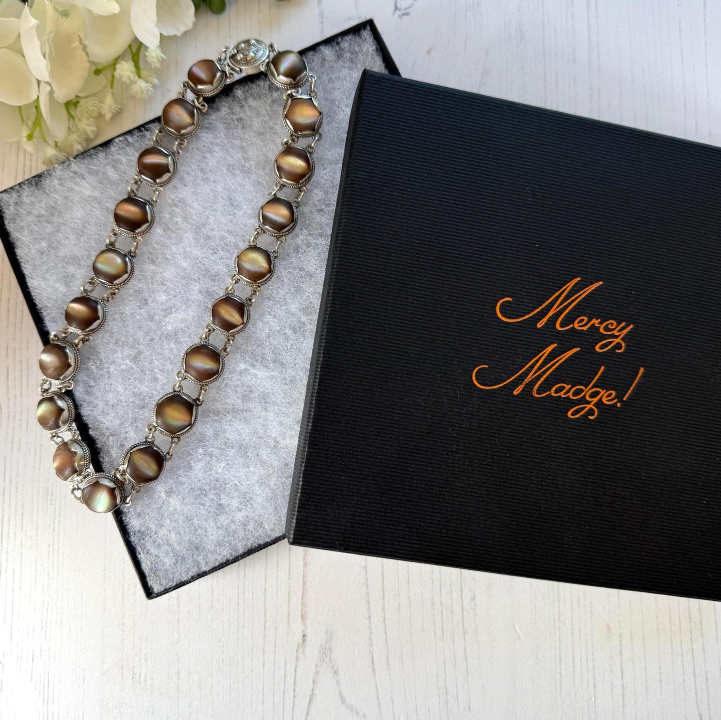 Exceptional Antique Arts and Crafts Necklace | Plum-Toned Cat's Eye Quartz Gemstones