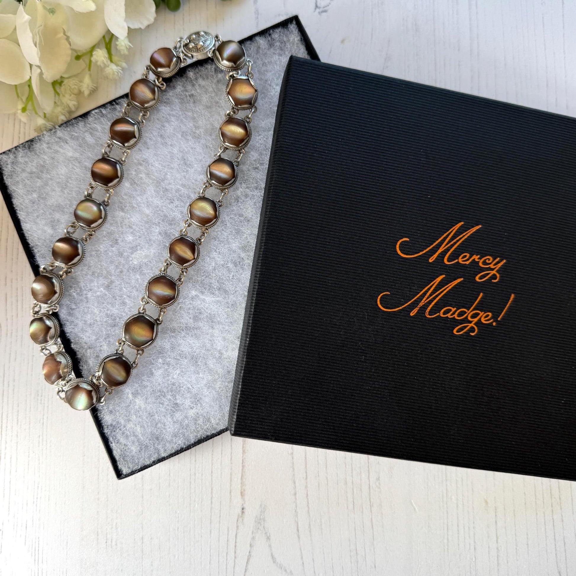Exceptional Antique Arts and Crafts Necklace | Plum-Toned Cat's Eye Quartz Gemstones