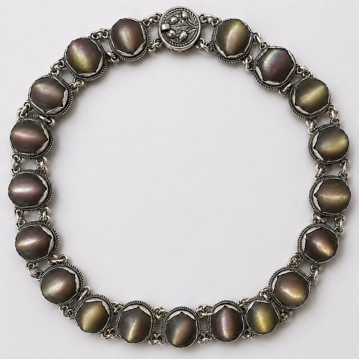 Exceptional Antique Arts and Crafts Necklace | Plum-Toned Cat's Eye Quartz Gemstones