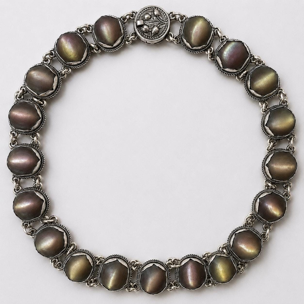 Exceptional Antique Arts and Crafts Necklace | Plum-Toned Cat's Eye Quartz Gemstones