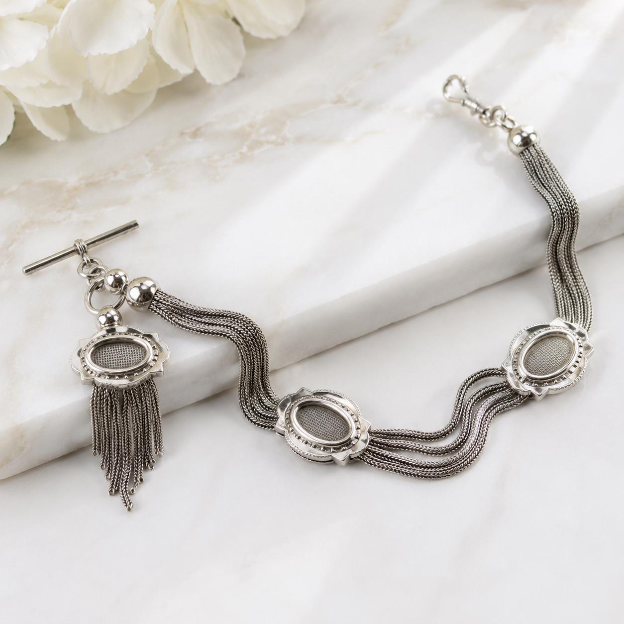 Antique Victorian Sterling Silver Albertina with Sliding Charms and Tassel, Circa 1840