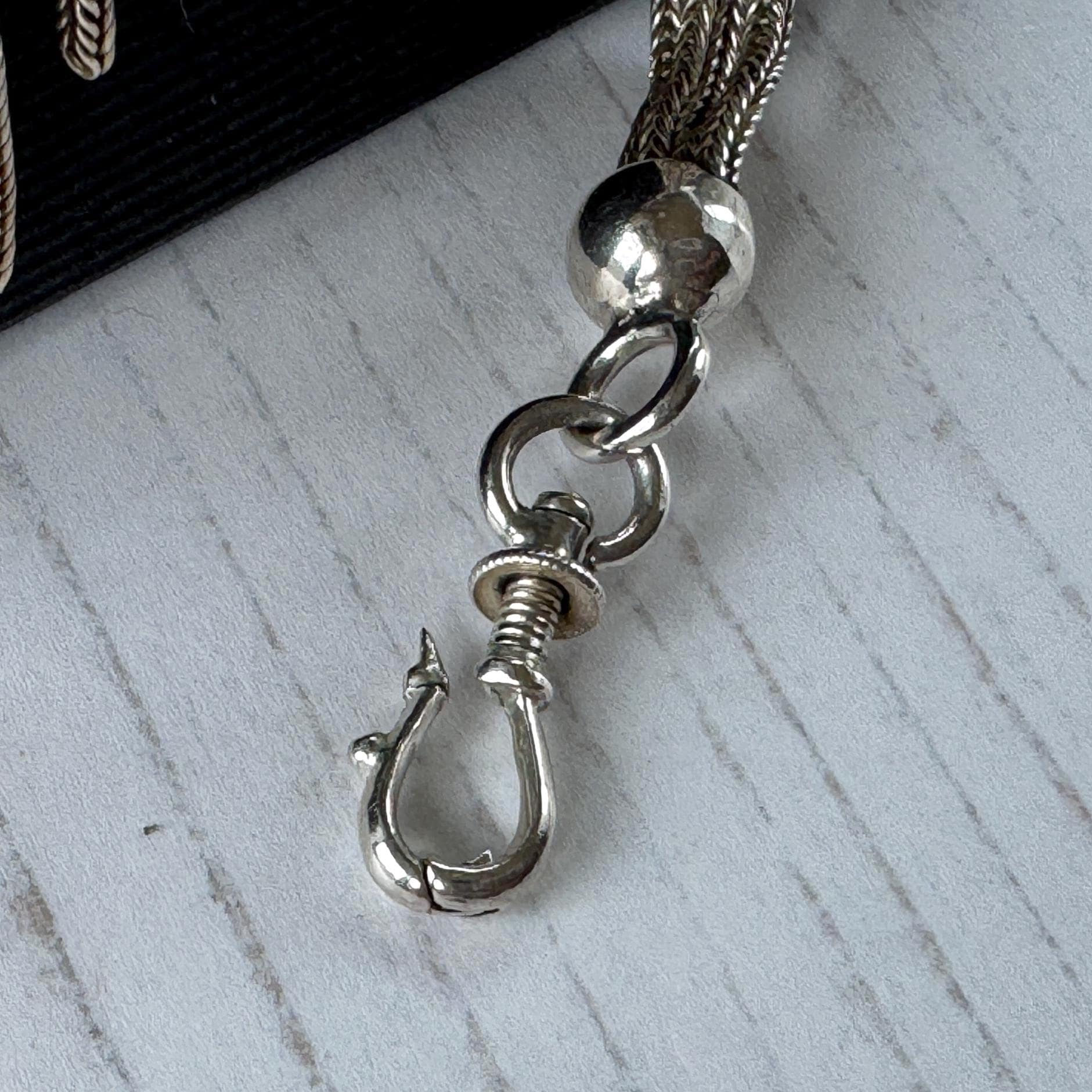Antique Victorian Sterling Silver Albertina with Sliding Charms and Tassel, Circa 1840