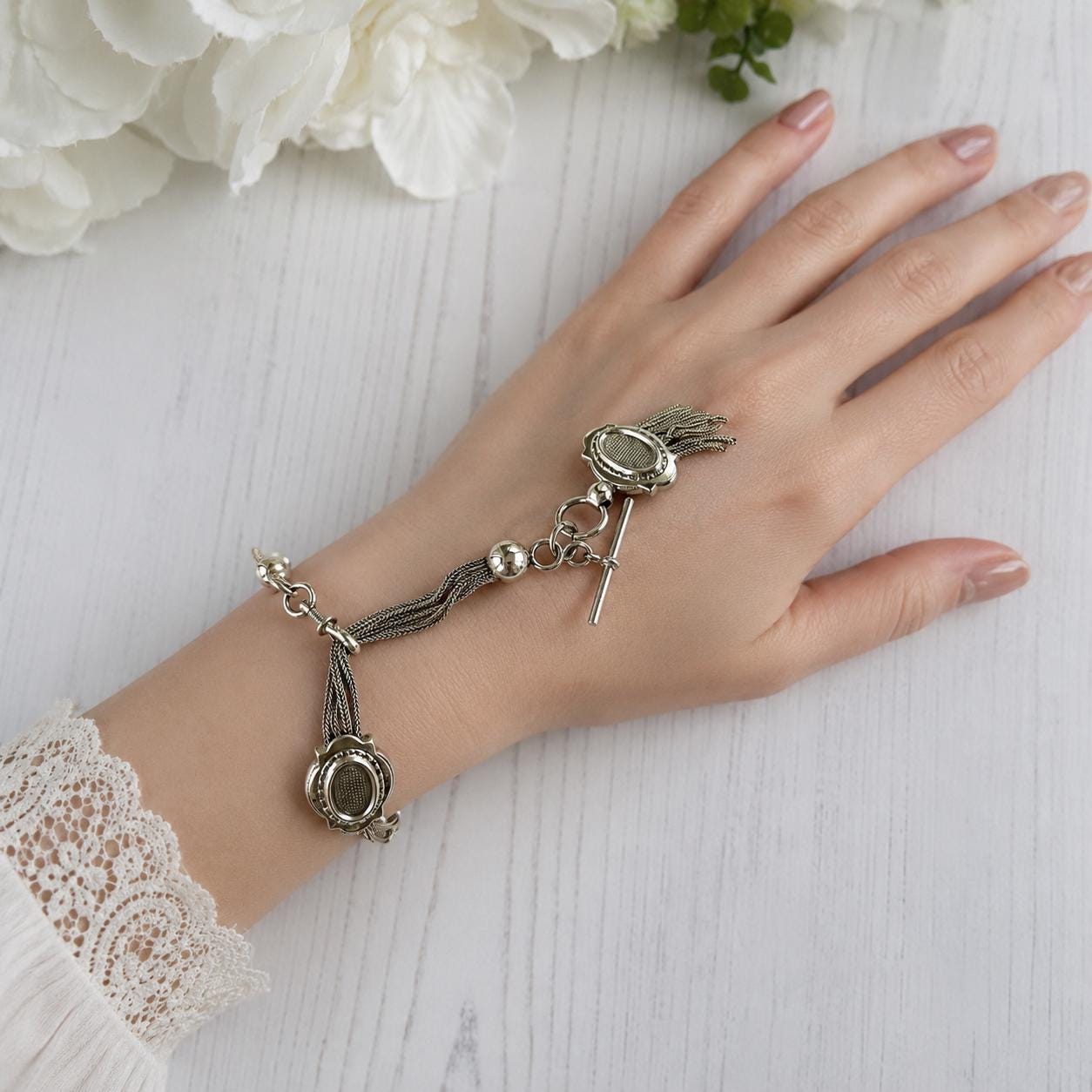 Antique Victorian Sterling Silver Albertina with Sliding Charms and Tassel, Circa 1840