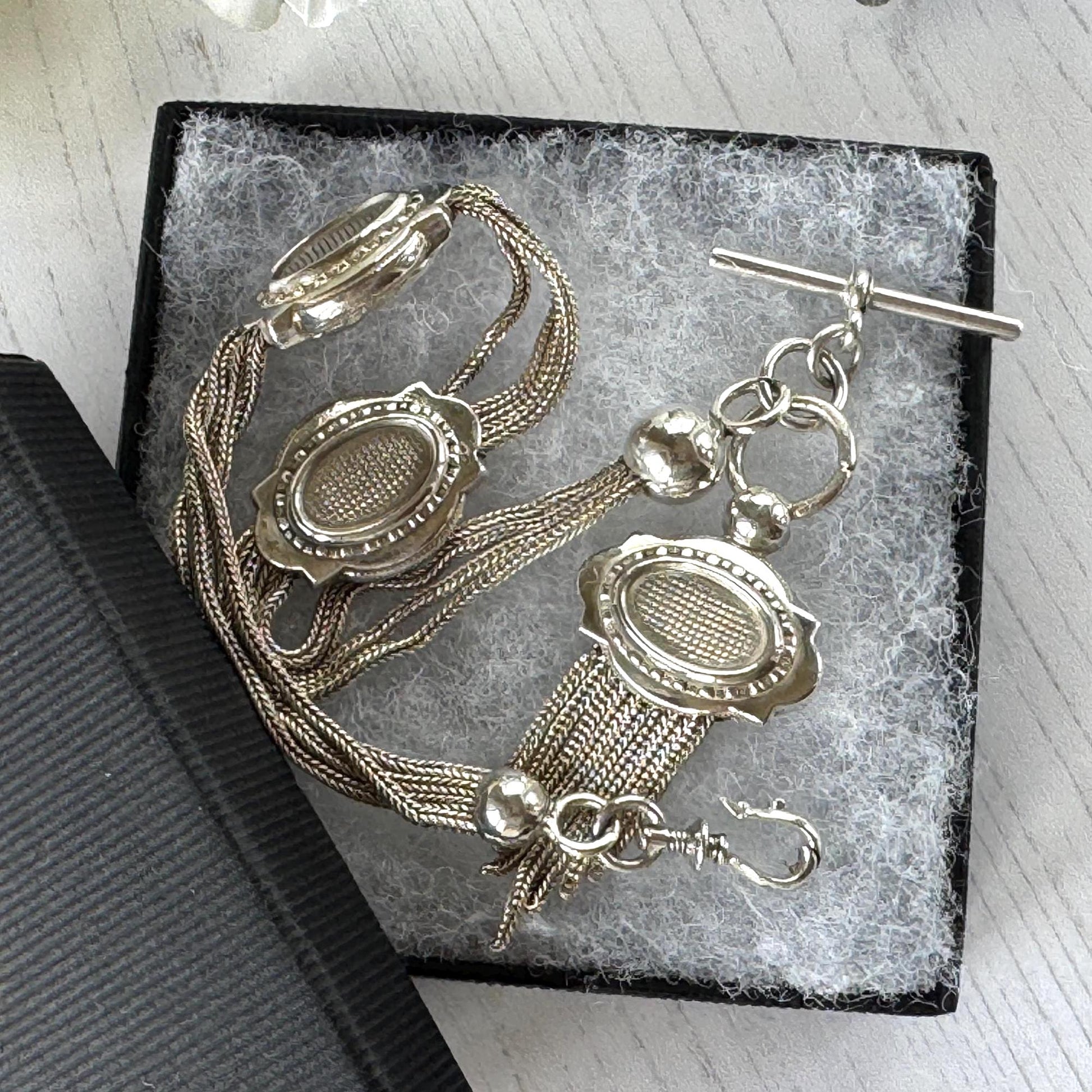 Antique Victorian Sterling Silver Albertina with Sliding Charms and Tassel, Circa 1840