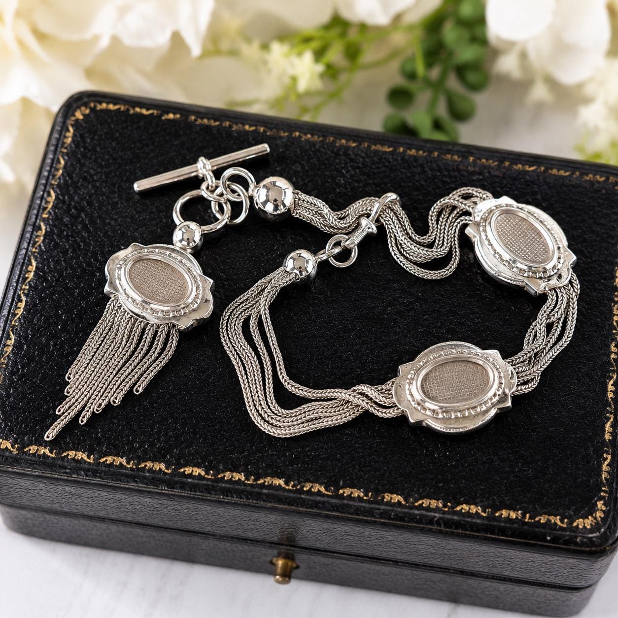 Antique Victorian Sterling Silver Albertina with Sliding Charms and Tassel, Circa 1840