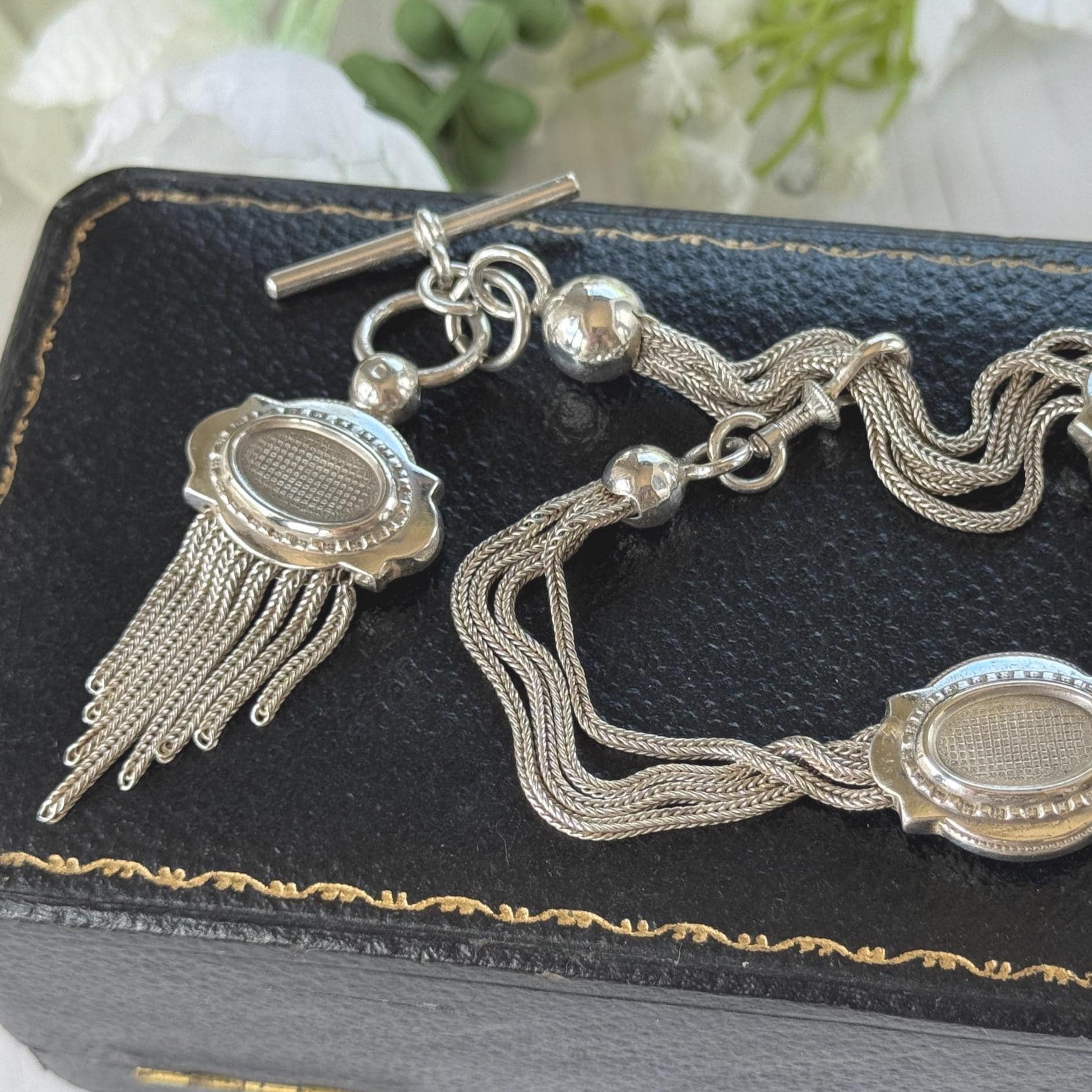 Antique Victorian Sterling Silver Albertina with Sliding Charms and Tassel, Circa 1840