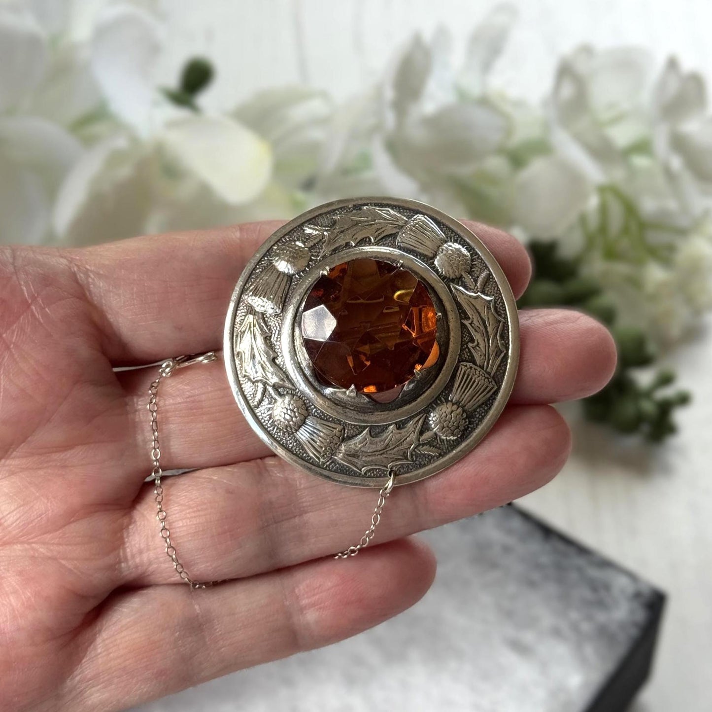 Vintage Scottish Silver Engraved Thistle Large Cairngorm Citrine Brooch, Highland Dress Plaid Pin