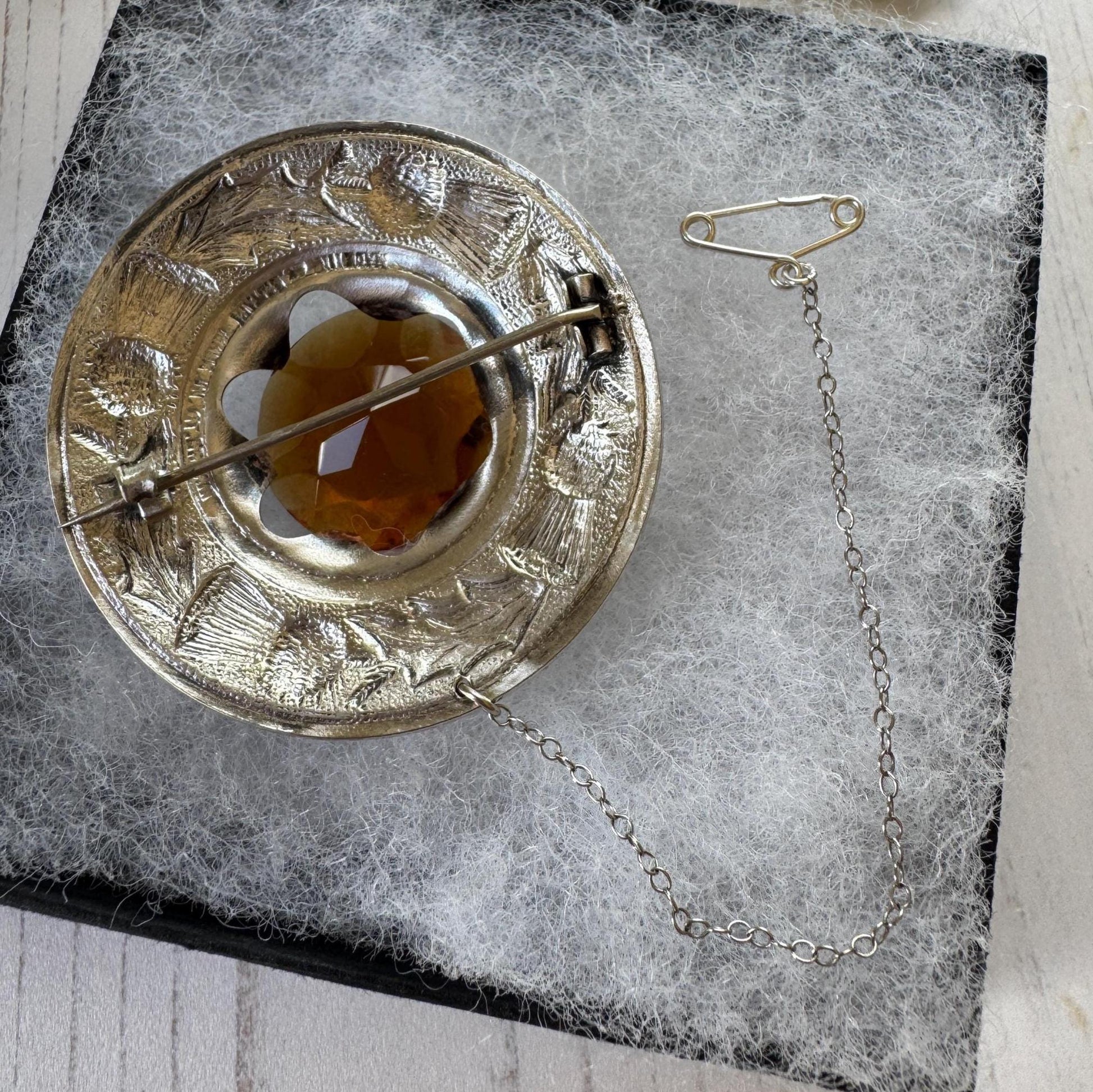Vintage Scottish Silver Engraved Thistle Large Cairngorm Citrine Brooch, Highland Dress Plaid Pin