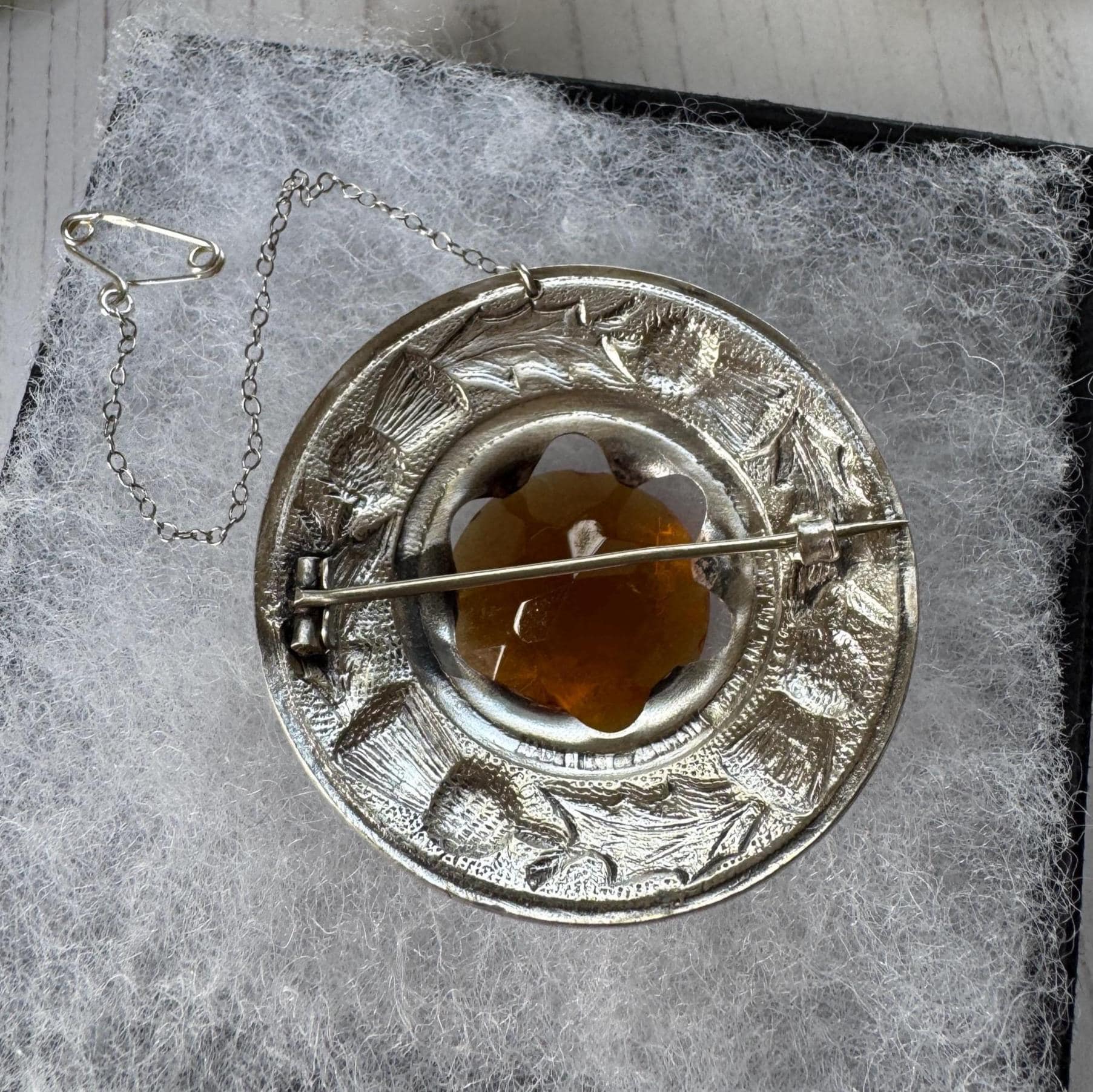 Vintage Scottish Silver Engraved Thistle Large Cairngorm Citrine Brooch, Highland Dress Plaid Pin
