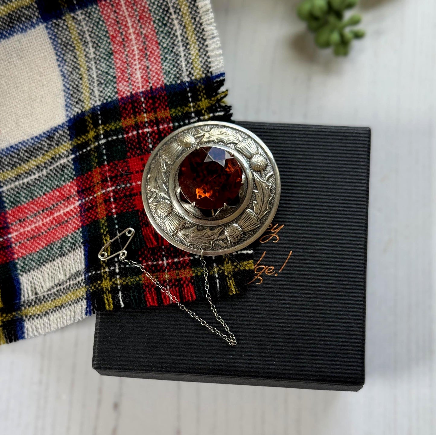 Vintage Scottish Silver Engraved Thistle Large Cairngorm Citrine Brooch, Highland Dress Plaid Pin
