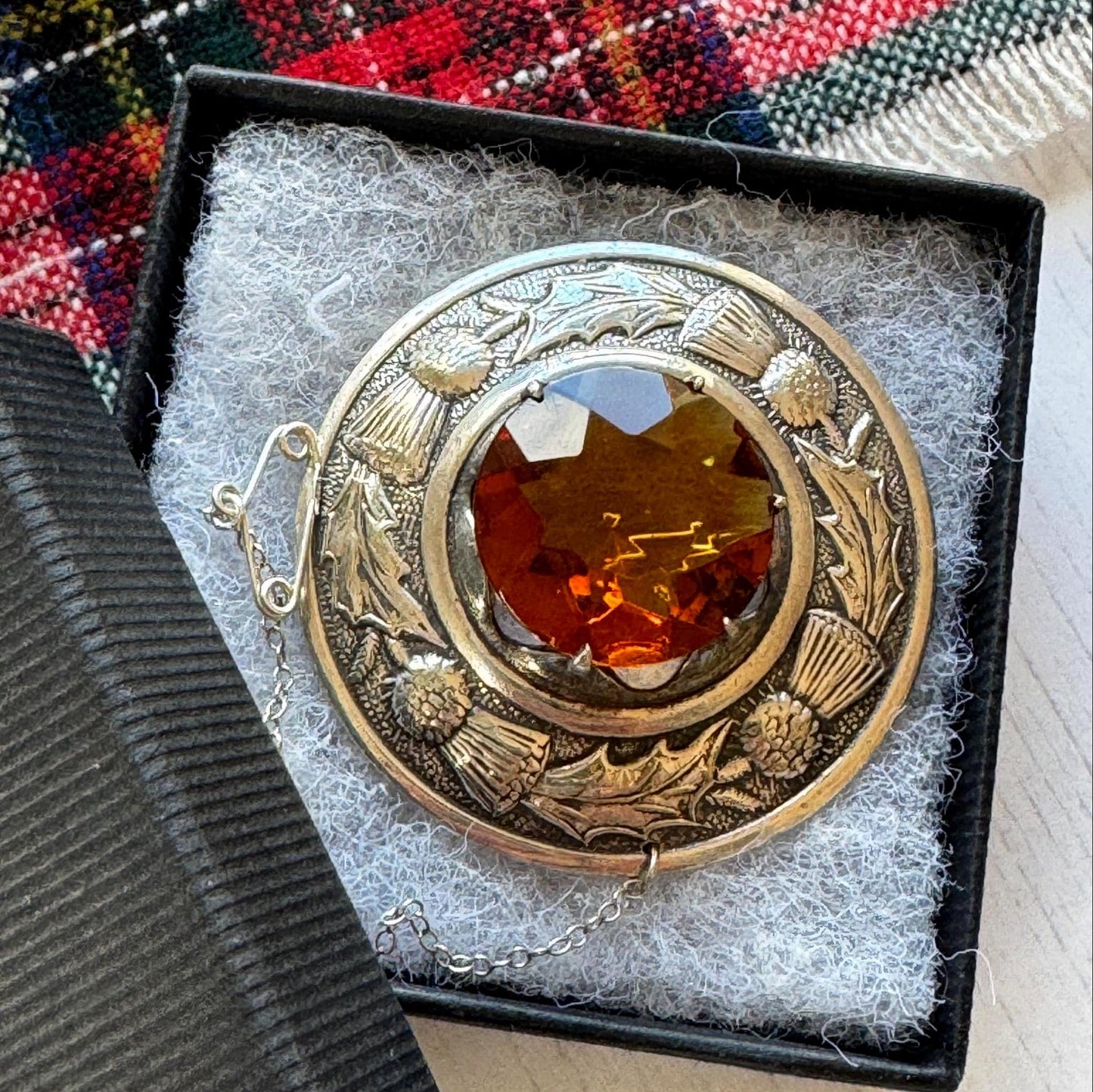 Vintage Scottish Silver Engraved Thistle Large Cairngorm Citrine Brooch, Highland Dress Plaid Pin