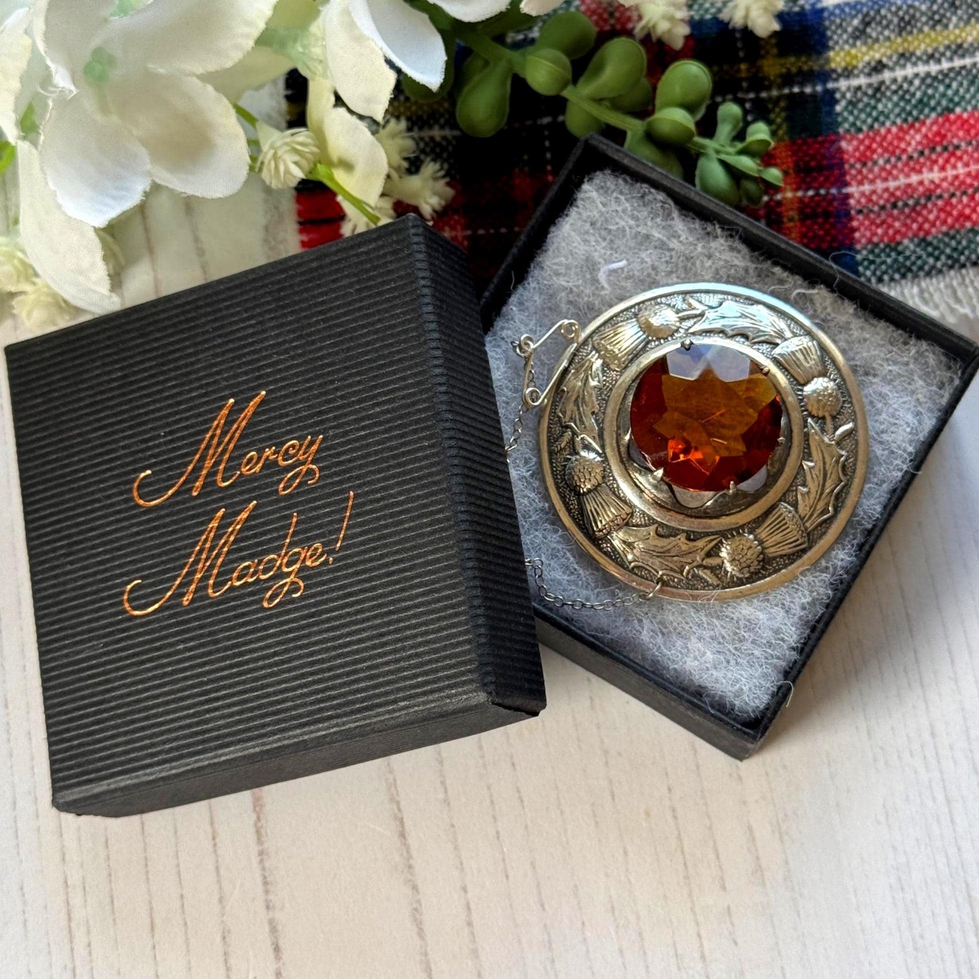 Vintage Scottish Silver Engraved Thistle Large Cairngorm Citrine Brooch, Highland Dress Plaid Pin