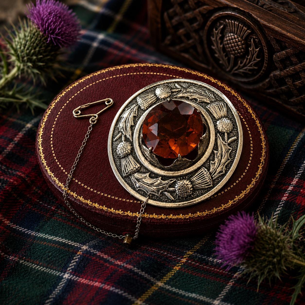 Vintage Scottish Silver Engraved Thistle Large Cairngorm Citrine Brooch, Highland Dress Plaid Pin