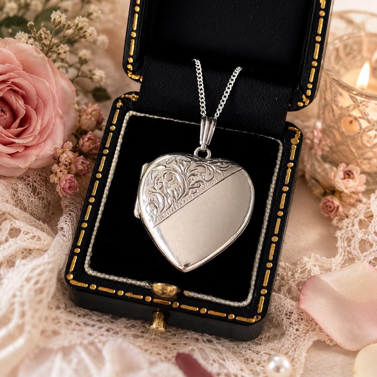 Vintage 1975 Sterling Silver Floral Engraved Heart Locket Necklace. Antique Style Sweetheart Pendant & Chain.