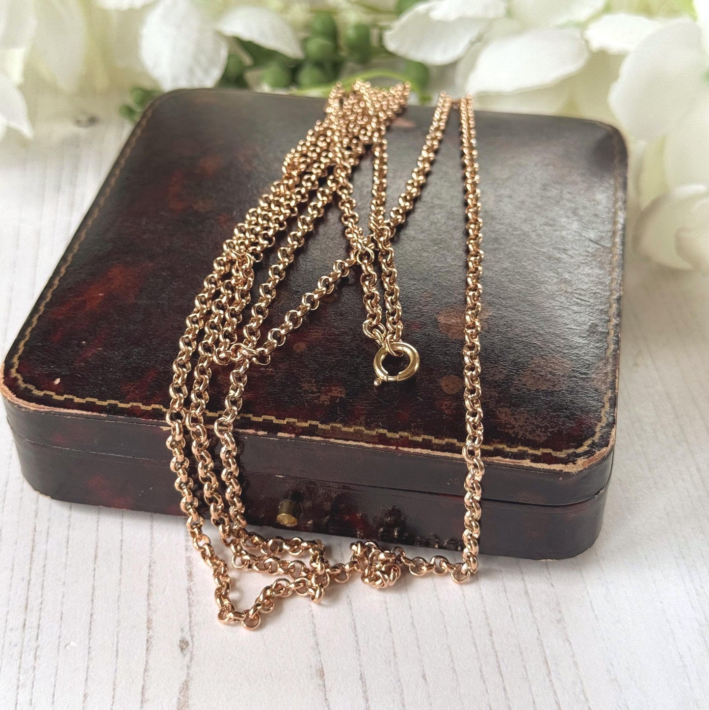 Antique Victorian 9ct Rose Rolled Gold Guard Chain. 56" (142cm) Belcher/Rolo Link Gold-Filled Muff Chain Necklace