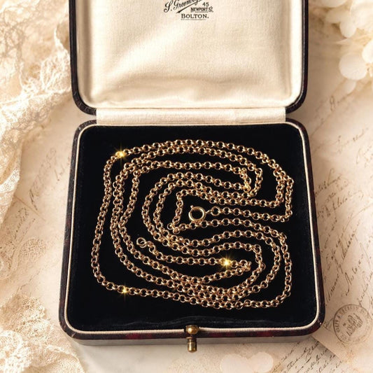 Antique Victorian 9ct Rose Rolled Gold Guard Chain. 56" (142cm) Belcher/Rolo Link Gold-Filled Muff Chain Necklace
