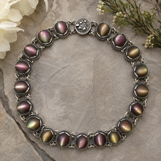 Exceptional Antique Arts and Crafts Necklace | Plum-Toned Cat's Eye Quartz Gemstones