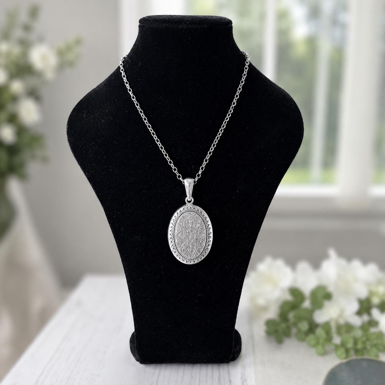 Large Antique Victorian Sterling Silver Photo Locket Pendant, Engraved Oval Keepsake