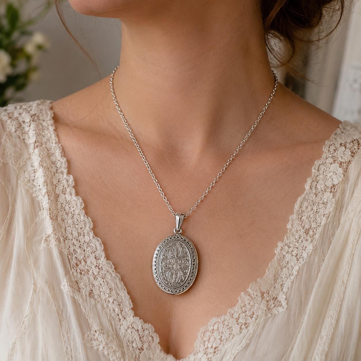 Large Antique Victorian Sterling Silver Photo Locket Pendant, Engraved Oval Keepsake