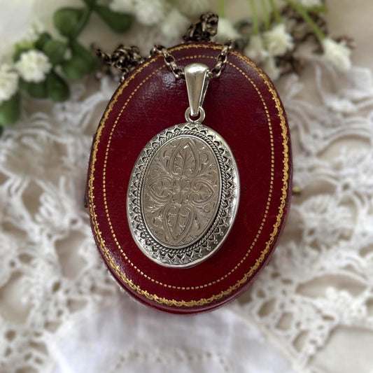 Large Antique Victorian Sterling Silver Photo Locket Pendant, Engraved Oval Keepsake