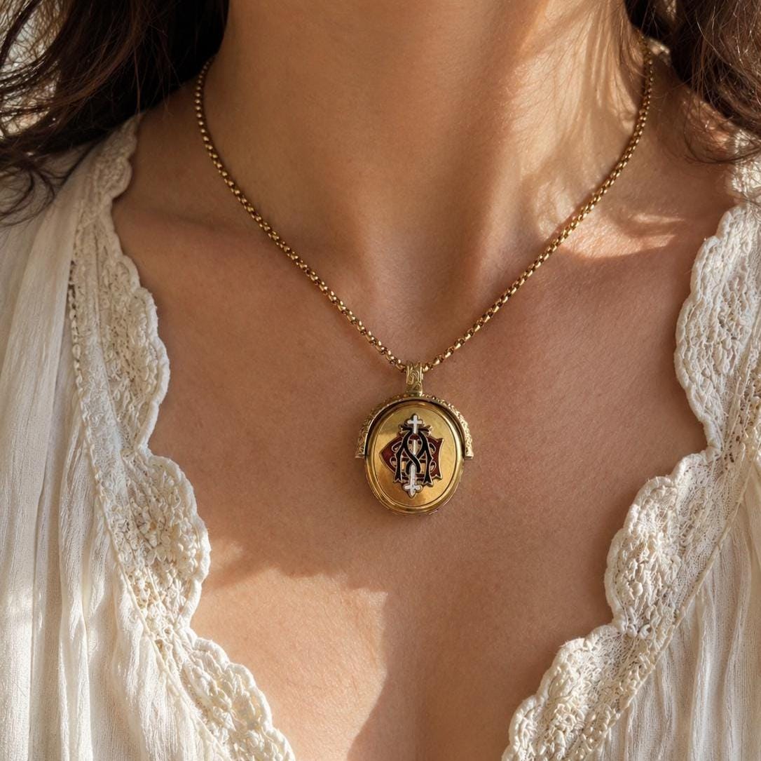 Victorian Gold Vermeil & Enamel Love Token Spinner Locket Pendant: Amity Eternity Infinity (AEI)