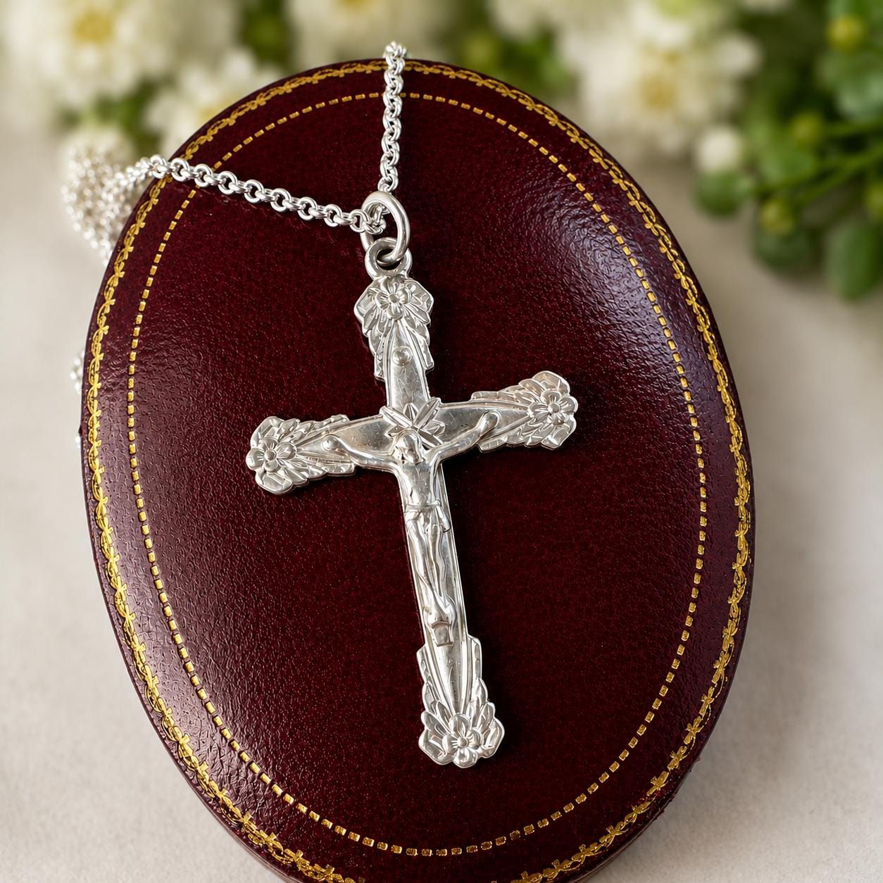 Vintage Sterling Silver Art Nouveau Revival Crucifix Pendant & Belcher Chain