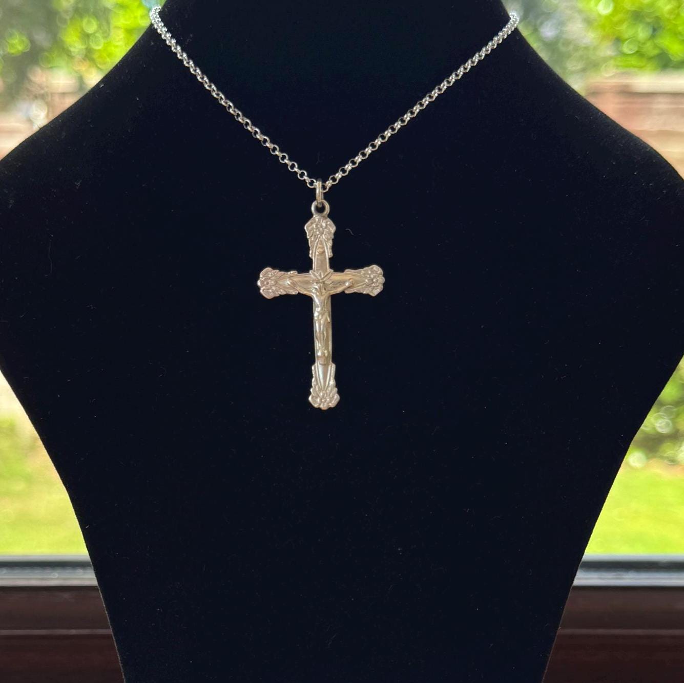 Vintage Sterling Silver Art Nouveau Revival Crucifix Pendant & Belcher Chain