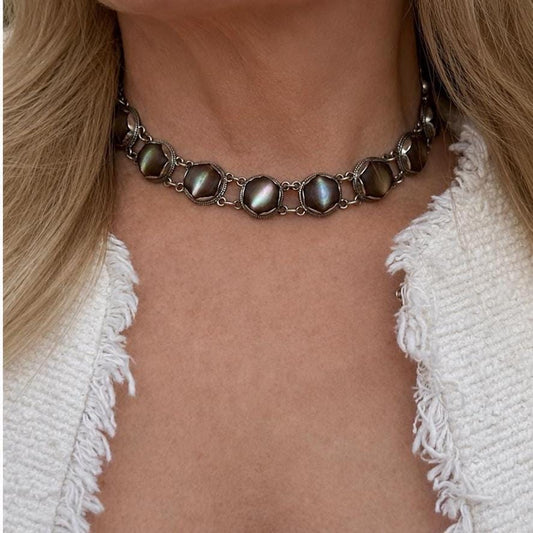 Exceptional Antique Arts and Crafts Necklace | Plum-Toned Cat's Eye Quartz Gemstones