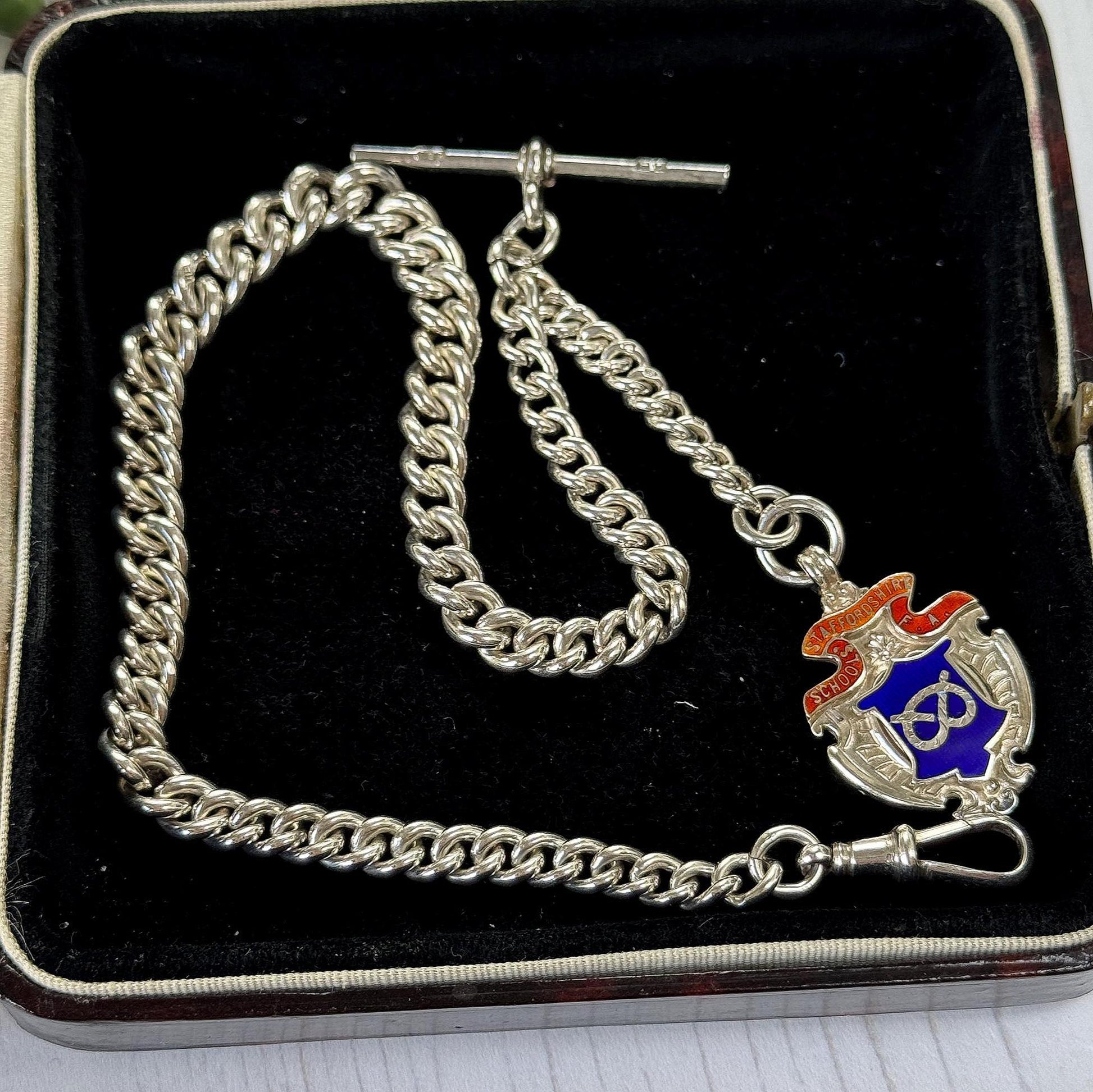 Antique Sterling Silver Albert Watch Chain, 1918, Staffordshire Schools Football Association Fob, 47.4g