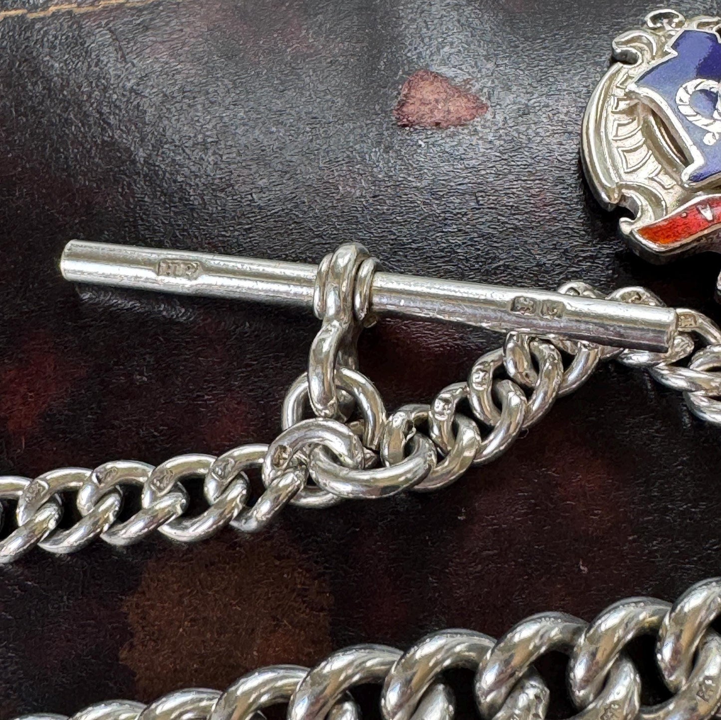 Antique Sterling Silver Albert Watch Chain, 1918, Staffordshire Schools Football Association Fob, 47.4g