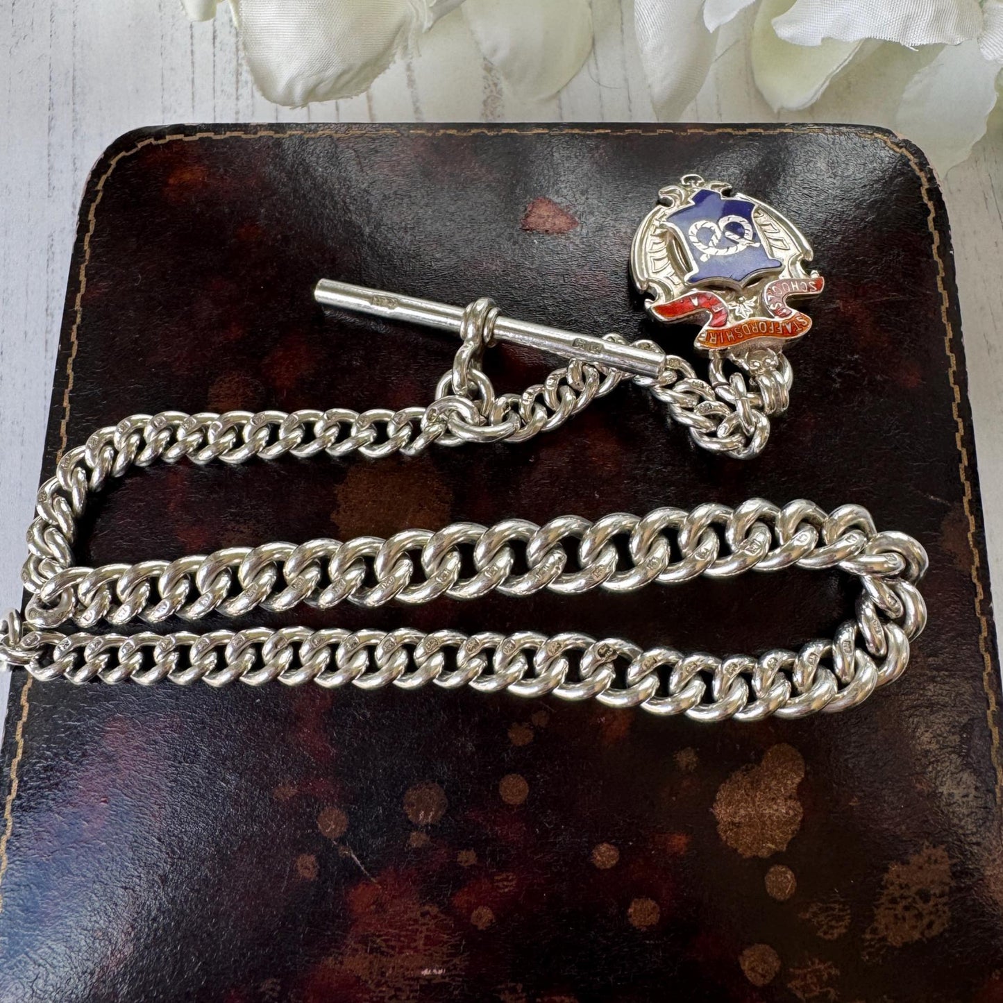 Antique Sterling Silver Albert Watch Chain, 1918, Staffordshire Schools Football Association Fob, 47.4g