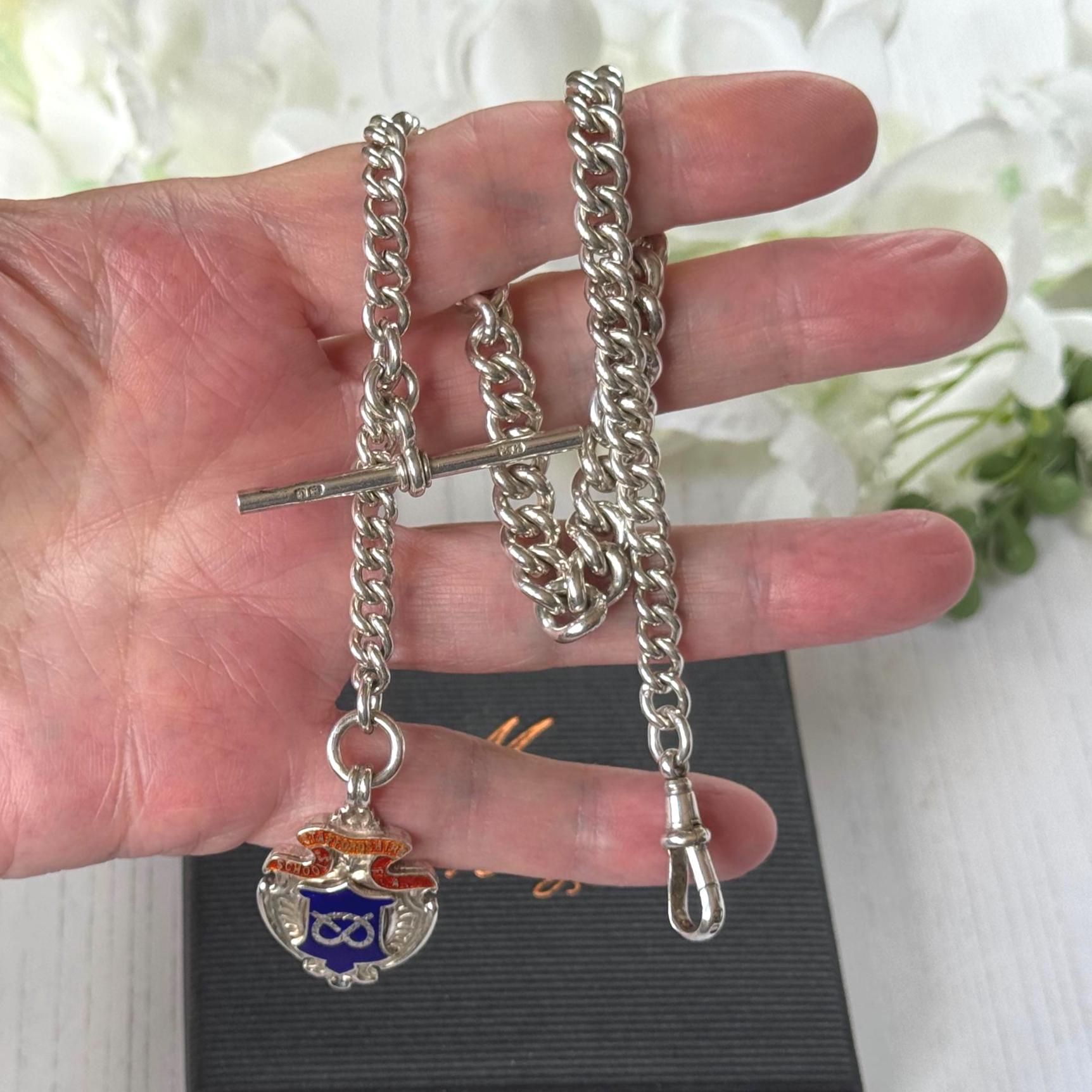 Antique Sterling Silver Albert Watch Chain, 1918, Staffordshire Schools Football Association Fob, 47.4g