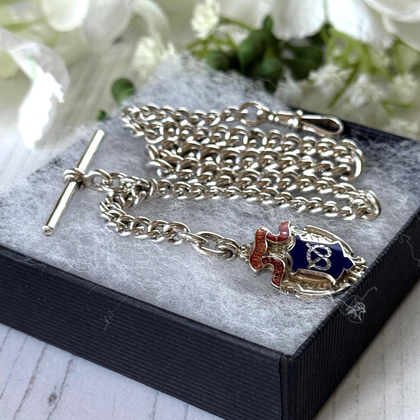 Antique Sterling Silver Albert Watch Chain, 1918, Staffordshire Schools Football Association Fob, 47.4g