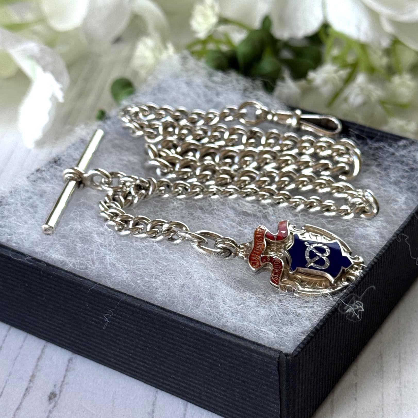 Antique Sterling Silver Albert Watch Chain, 1918, Staffordshire Schools Football Association Fob, 47.4g