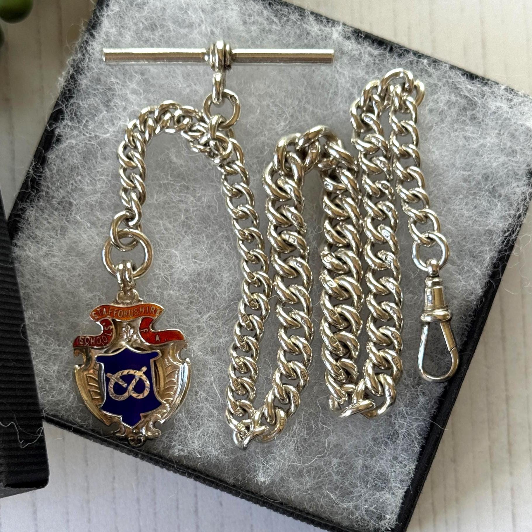 Antique Sterling Silver Albert Watch Chain, 1918, Staffordshire Schools Football Association Fob, 47.4g