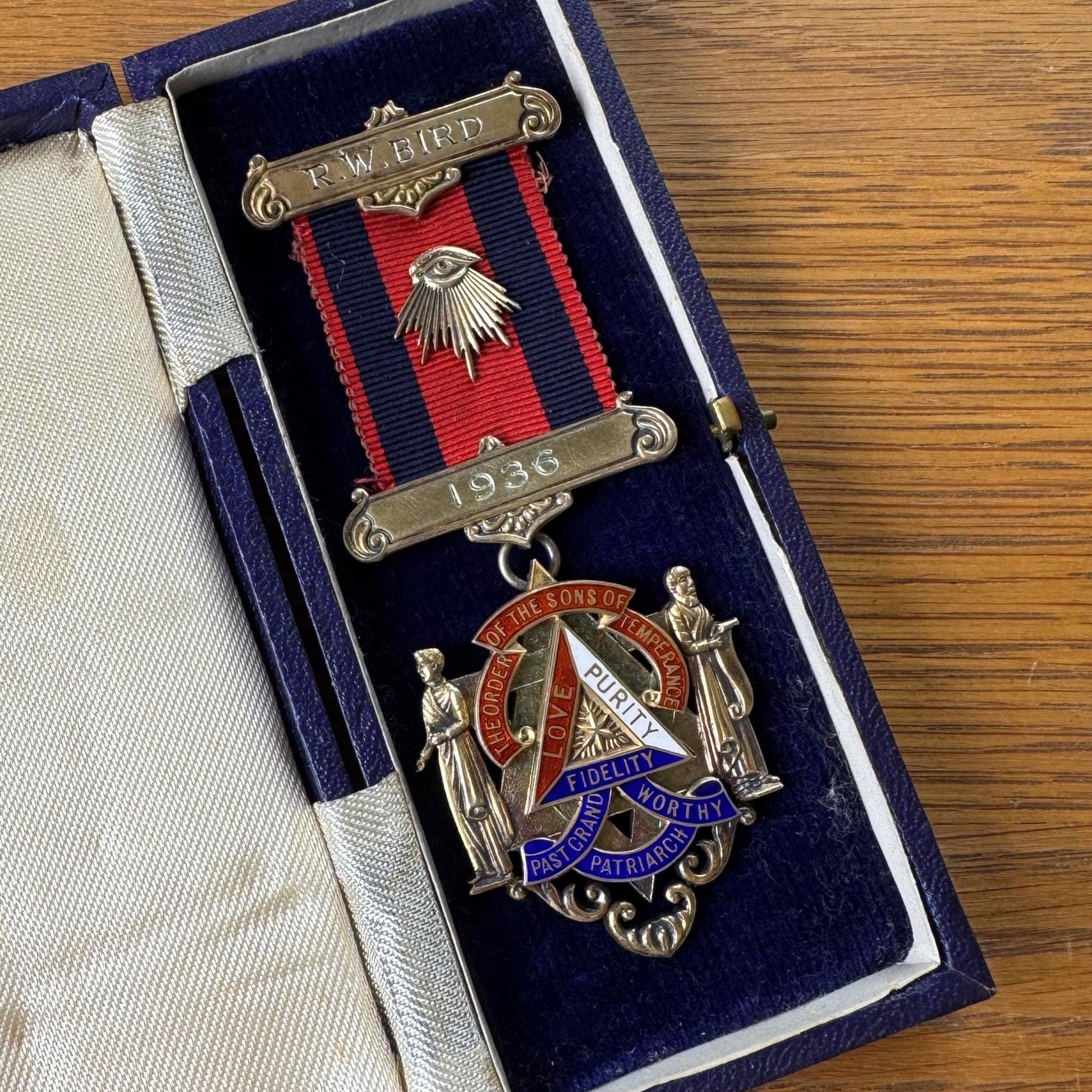 1936 Sons of Temperance Medal, Named R.W. Bird, Sterling Silver Enamel Fraternal Regalia, Boxed Past Grand Worthy Patriarch