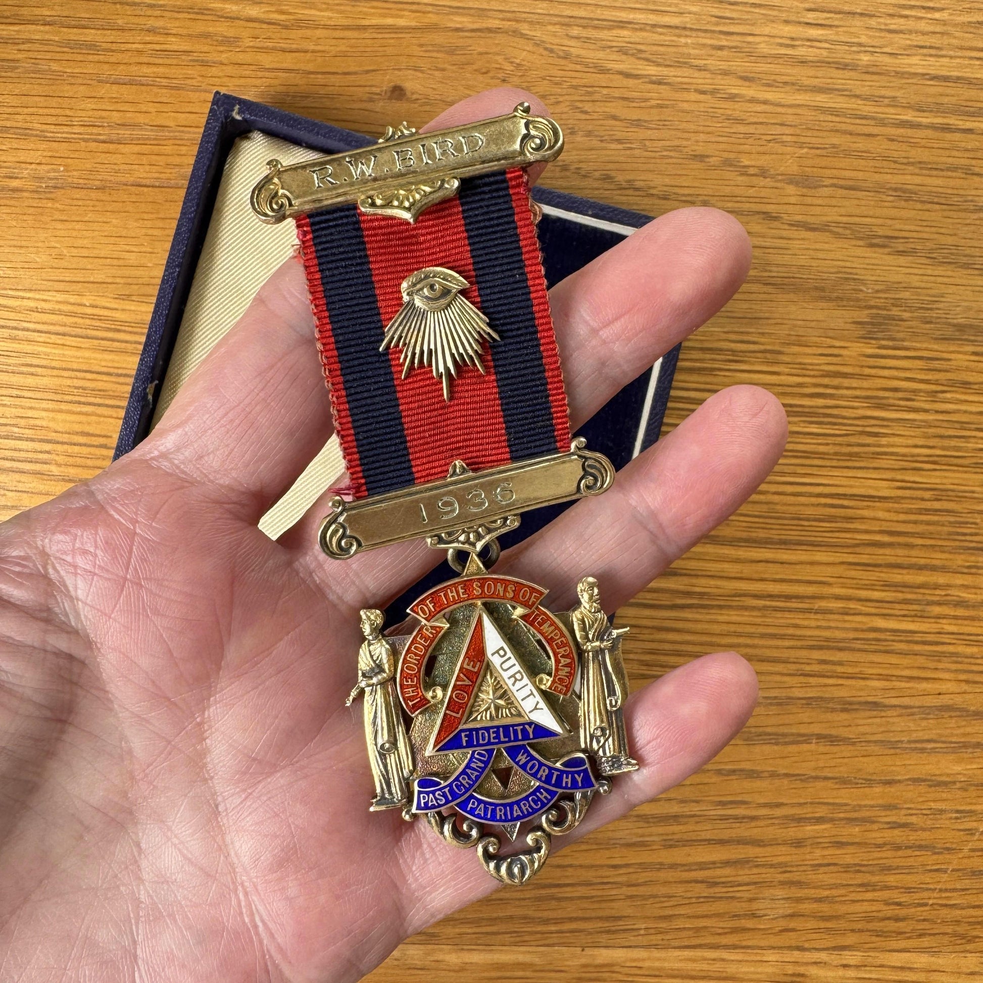 1936 Sons of Temperance Medal, Named R.W. Bird, Sterling Silver Enamel Fraternal Regalia, Boxed Past Grand Worthy Patriarch