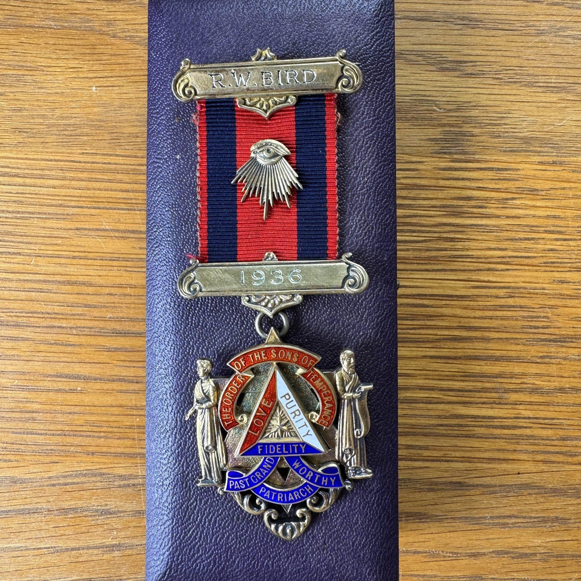 1936 Sons of Temperance Medal, Named R.W. Bird, Sterling Silver Enamel Fraternal Regalia, Boxed Past Grand Worthy Patriarch