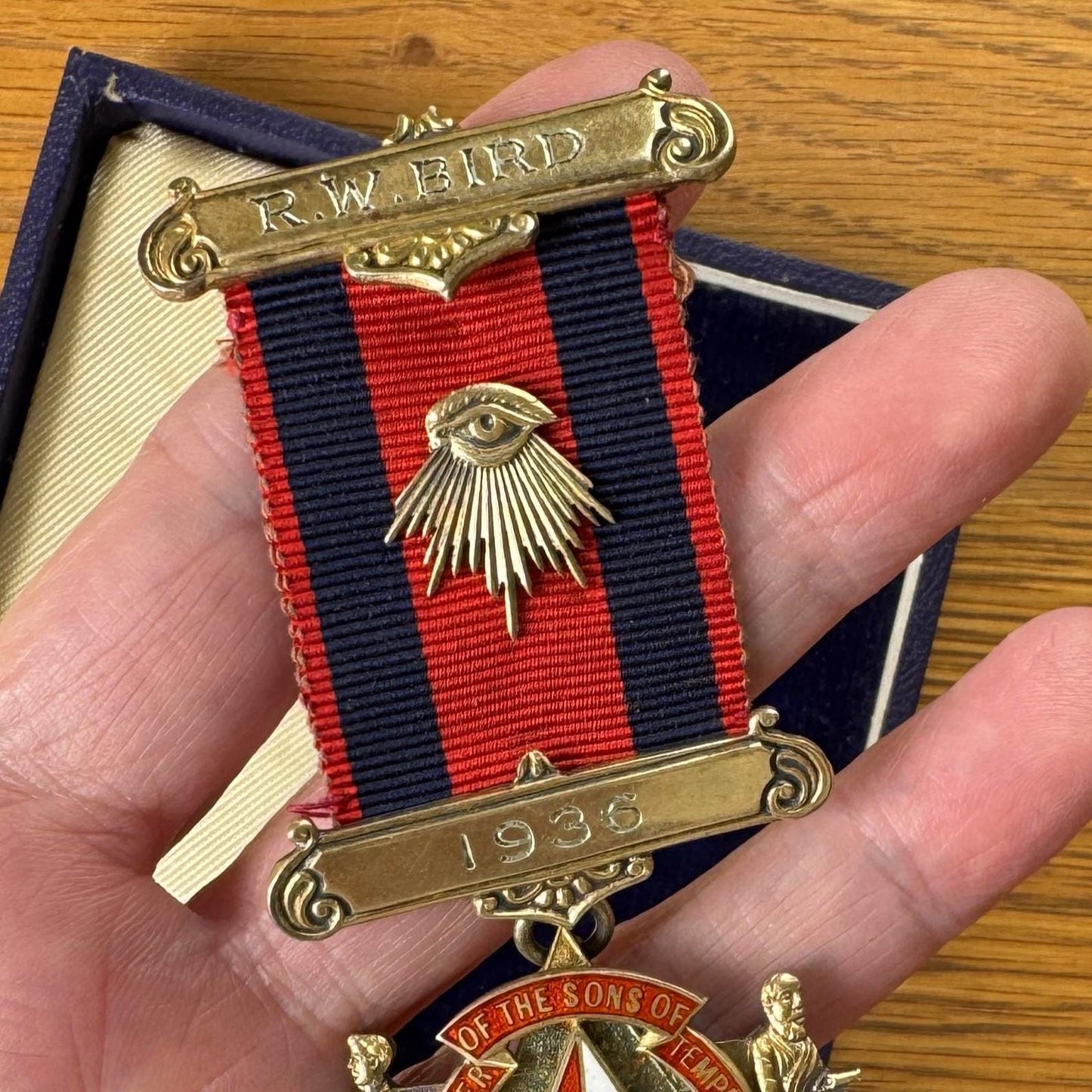 1936 Sons of Temperance Medal, Named R.W. Bird, Sterling Silver Enamel Fraternal Regalia, Boxed Past Grand Worthy Patriarch