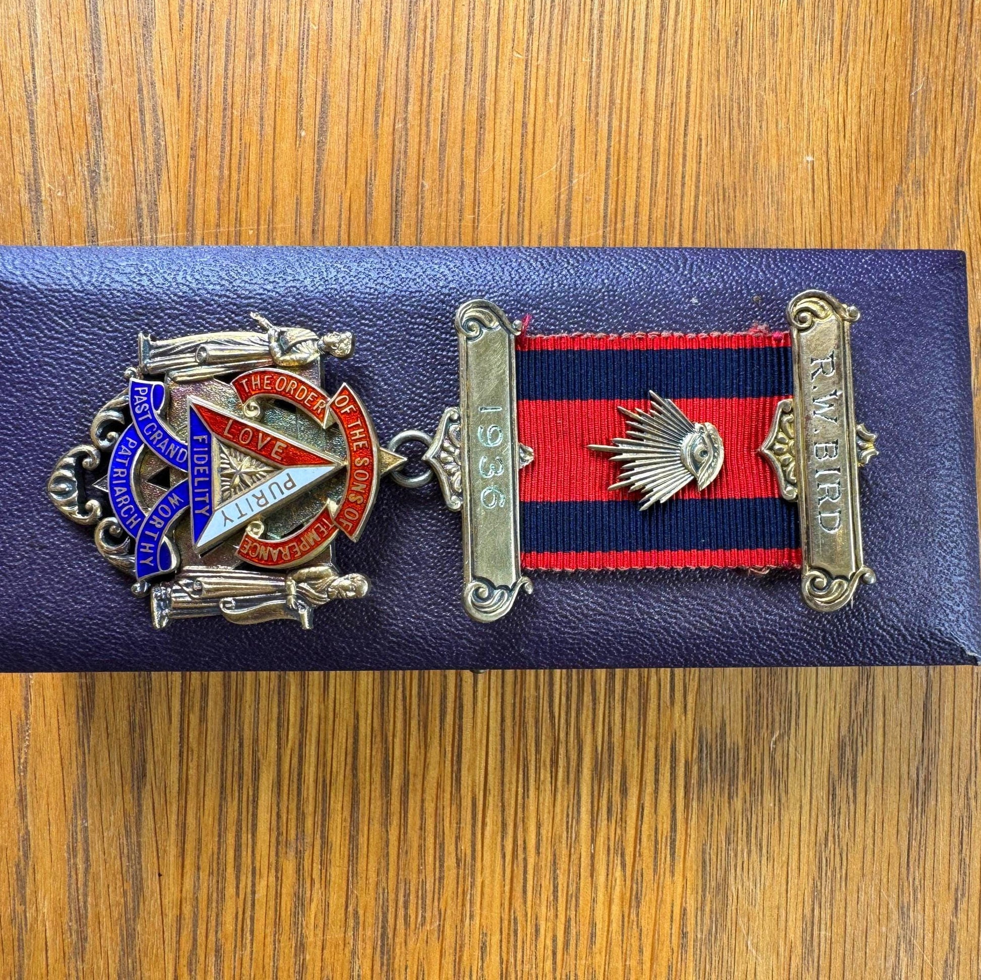 1936 Sons of Temperance Medal, Named R.W. Bird, Sterling Silver Enamel Fraternal Regalia, Boxed Past Grand Worthy Patriarch