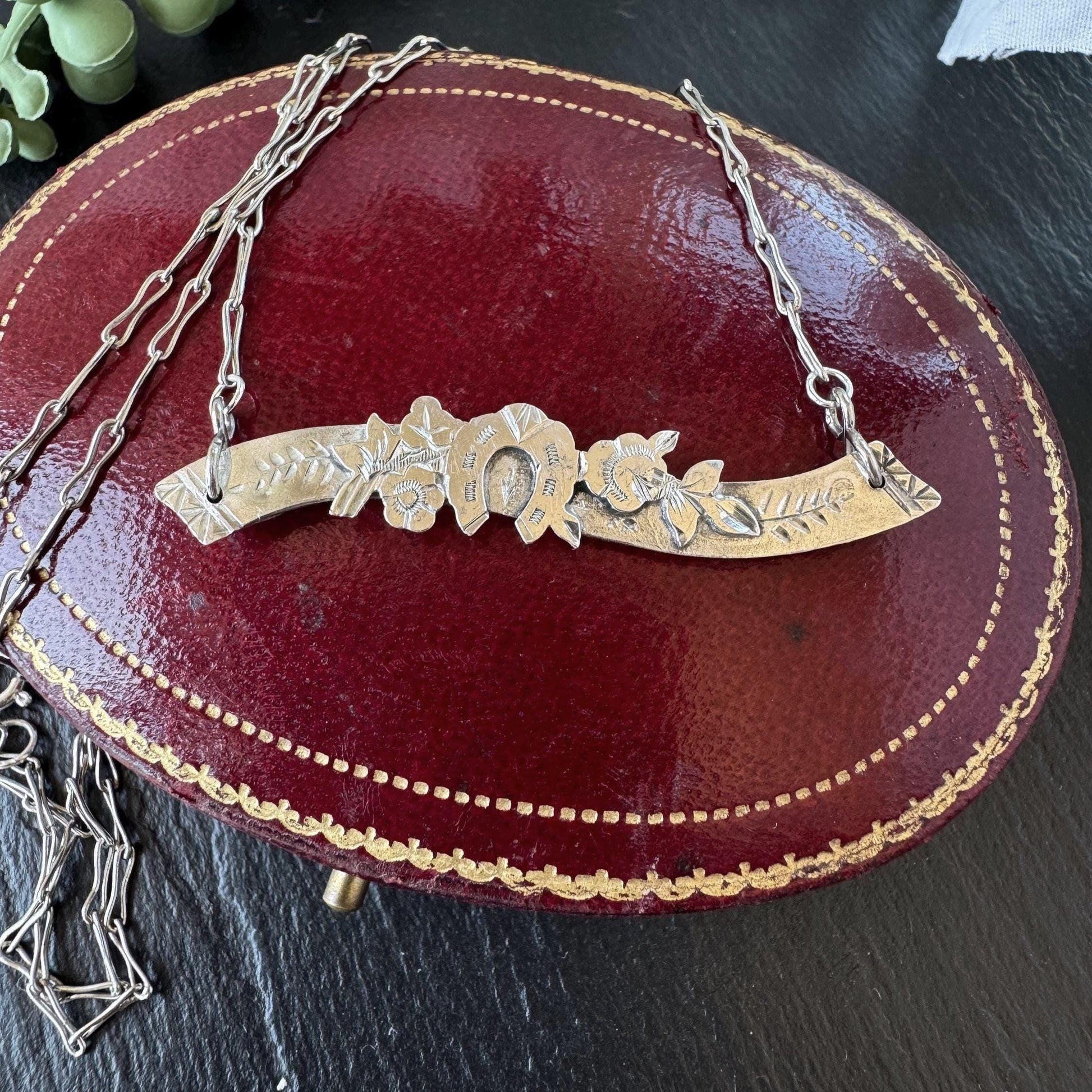 Antique Victorian Sterling Silver Horizontal Bar Necklace, Horseshoe, Ivy, Roses, Birmingham 1898
